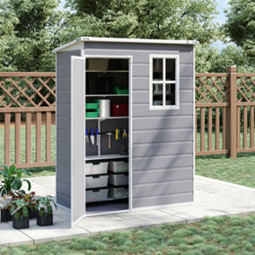 152cm W Grey Plastic Outdoor Garden Furniture Storage Shed Tool Shed with Window and Lockable Door