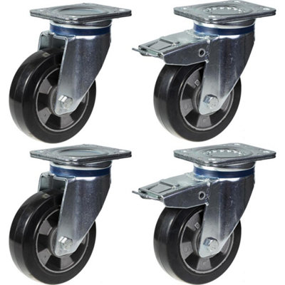 152mm 6" castor black rubber swivel & brake strong 1320kg capacity, set of 4