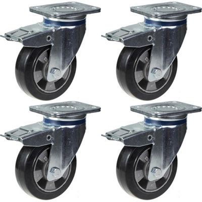 152mm 6" castor black rubber swivel with brake strong 1320kg capacity, set of 4