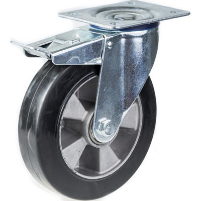 152mm swivel/brake castor with black elastic rubber on aluminium centre wheel