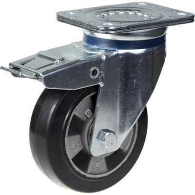152mm swivel/brake castor with black elastic rubber on aluminium centre wheel