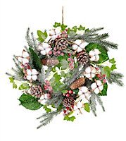 15532 Christmas Pre Wreath Decorations Real Cotton Boll, Red Berries, Pine Cones with Various Tips Large 55cm Natural Hand