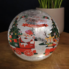 15cm Battery Operated Twinkling Warm White LED Crackle Effect Ball Christmas Decoration with Santa and Friends in Train