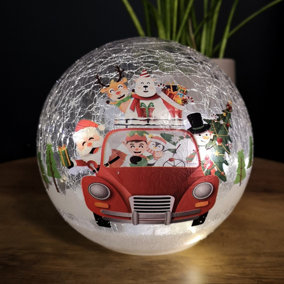 15cm Battery Operated Twinkling Warm White LED Crackle Effect Ball Decoration with Santa and Friends in Car