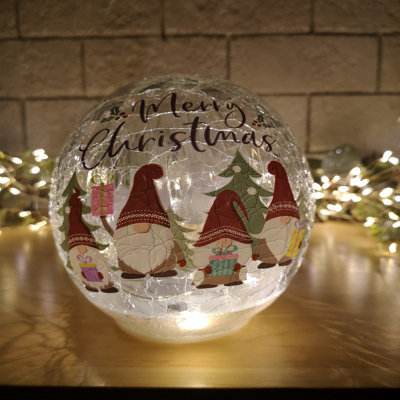 15cm Battery Operated Warm White LED Crackle Effect Ball Christmas Decoration with Gonks
