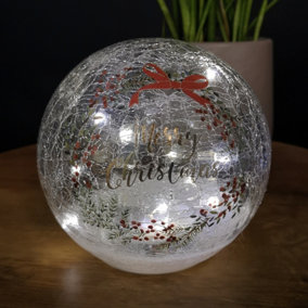 15cm Battery Operated Warm White LED Crackle Effect Ball Christmas Decoration with Merry Christmas