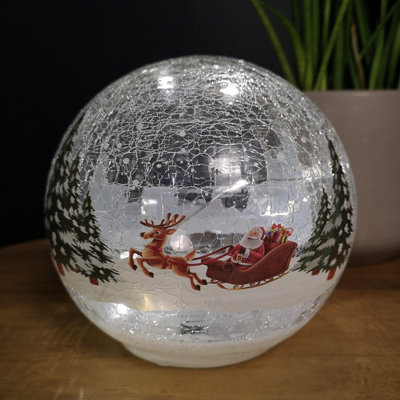 15cm Battery Operated Warm White LED Crackle Effect Ball Christmas Decoration with Reindeer and Sleigh