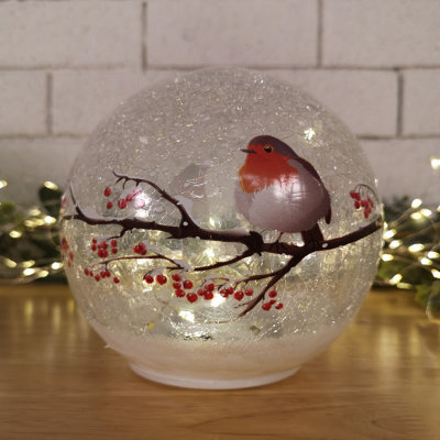 15cm Battery Operated Warm White LED Crackle Effect Ball Christmas Decoration with Robin