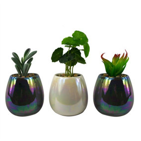 15cm Set of Three Grey White Mix Ceramic Mini Planters with Artificial Succulent Plants