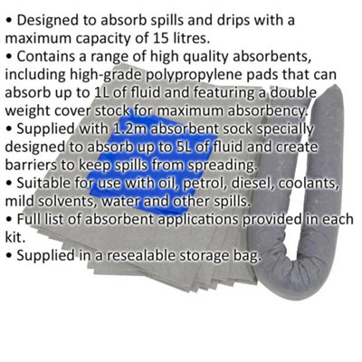15L Spill Control Kit - 10x Fluid Spillage Pads & 1x Absorbent Sock - Oil Fuel