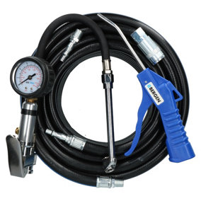 15m Air line / hose with Tyre Wheel Inflator, Blow Gun And Air Fittings
