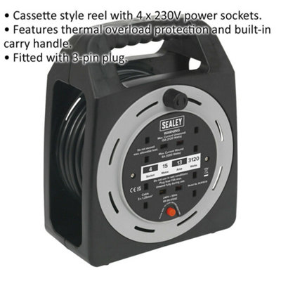 15m Box Type Cable Reel - 4 x 230V Plug Socket Extension Lead - Thermal Trip