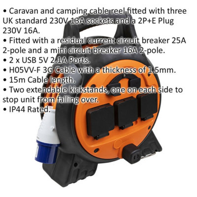 15m Caravan & Camping Cable Reel with RCD - 2P+E 230V 16A Plug - IP44 Rated
