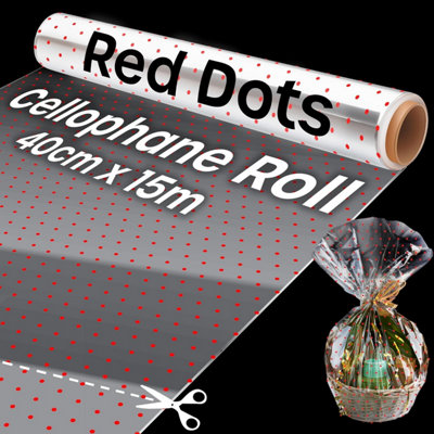 15m Cellophane Wrap with Red Polka Dots, Clear Gift Wrapping for Hampers, Baskets, and Presents - 40cm x 15m Roll