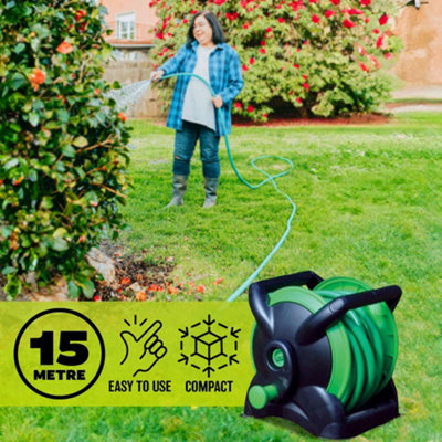 15m Garden Hose Pipe & Compact Wall Reel Fittings Set Standing Wall Mounted New - 3