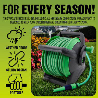 15m Garden Hose Pipe & Compact Wall Reel Fittings Set Standing Wall Mounted New - 5