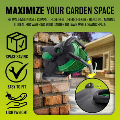 15m Garden Hose Pipe & Compact Wall Reel Fittings Set Standing Wall Mounted New - 6