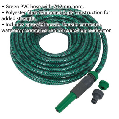 15m Green PVC Water Hose - Spray Jet Nozzle - Female Waterstop Tap Connectors