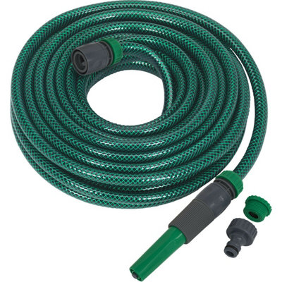 15m Green PVC Water Hose - Spray Jet Nozzle - Female Waterstop Tap Connectors - 4