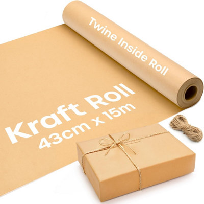 15M Kraft Wrapping Paper Roll - Eco-Friendly Recyclable Gift Wrap for Birthdays & Crafts - 43cm Wide with Twine