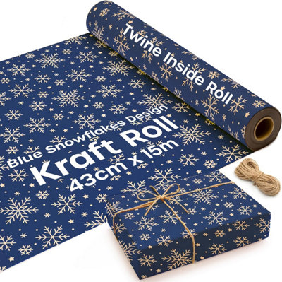 15M Kraft Wrapping Paper Roll with Blue Snowflake Design - Eco-Friendly Recyclable Gift Wrap, 43cm Wide, Includes Jute Twine