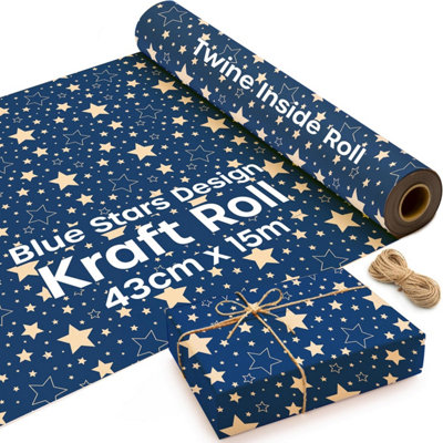 15M Kraft Wrapping Paper Roll with Blue Star Design - Eco-Friendly Recyclable Gift Wrap, 43cm Wide, Includes Jute Twine