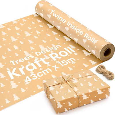 15m Kraft Wrapping Paper Roll with Christmas Trees Design Eco-Friendly Recyclable Brown Craft Paper & Jute Twine 43cm Wide