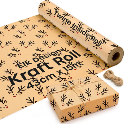 15M Kraft Wrapping Paper Roll with Elk Design, Eco-Friendly Brown Gift Wrap with Red and Brown Jute Strings, 43cm Wide