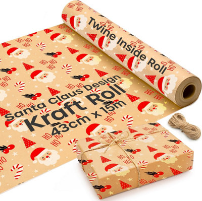 15M Kraft Wrapping Paper Roll with Santa Claus Design, Eco-Friendly Brown Gift Wrap with Jute Strings, 43cm Wide