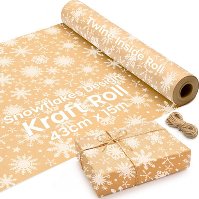 15m Kraft Wrapping Paper Roll with Snowflake Design - Eco-Friendly Recyclable Christmas Gift Wrap, 43cm Wide, Includes Jute Twine