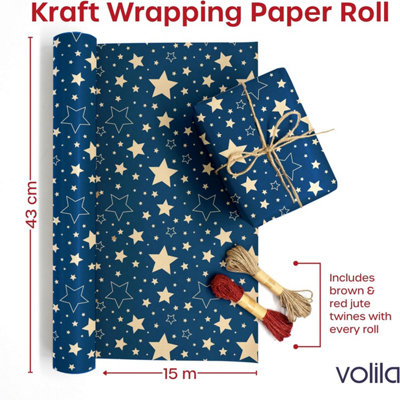 15m Recyclable Kraft Wrapping Paper Roll with Blue Star Pattern Eco Friendly Gift Wrap Includes Ribbon