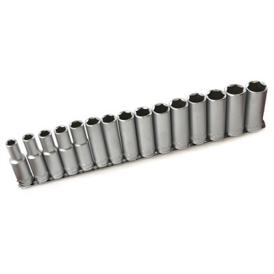 15pc 1/2in dr Deep Reach CRV Sockets On Rail 10-24mm Hex 6 Point Metric