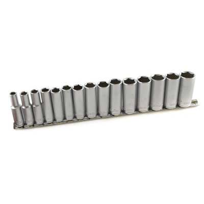 15pc 3/8" dr Deep Reach CRV Sockets On Rail 8-22mm Hex 6 Point Metric