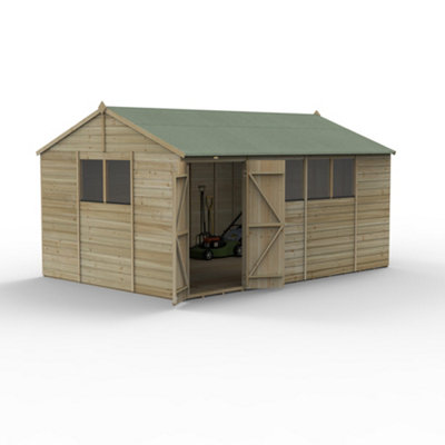 15x10 Reverse Apex Shed Beckwood 25yr Guarantee Shiplap Pressure Treated  - 6 Windows - Double Door