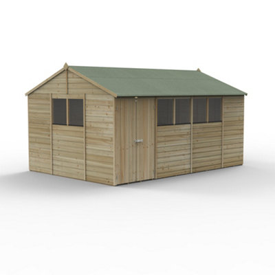 15x10 Reverse Apex Shed Beckwood 25yr Guarantee Shiplap Pressure Treated  - 6 Windows - Double Door