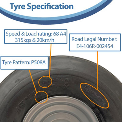 15x6.00-6 Multi Rib Lawnmower Wheels 6ply P508 Tyre Rim 25mm Bearings ...
