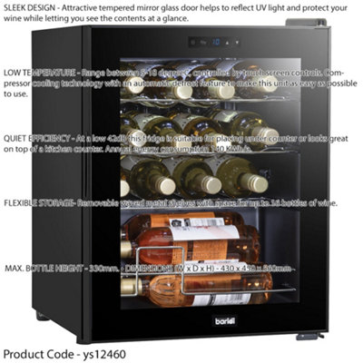 16 Bottle Freestanding Wine Cooler Fridge & Metal Shelves - LED BLACK & GLASS