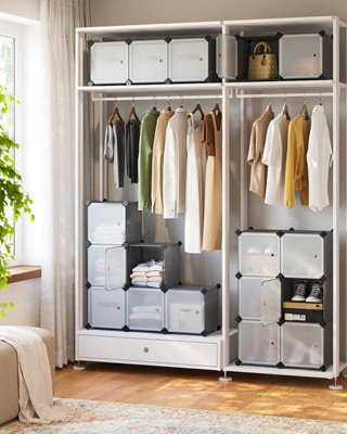 16-Cube DIY Storage Organiser Unit, Plastic Closet Cabinet, Wardrobe, with Doors, for Clothes Shoes Toys Books, Grey