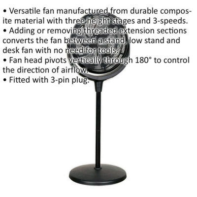 16" Desk & Pedestal Fan - 3 Speed Settings - Adjustable Height - 3-Pin UK Plug