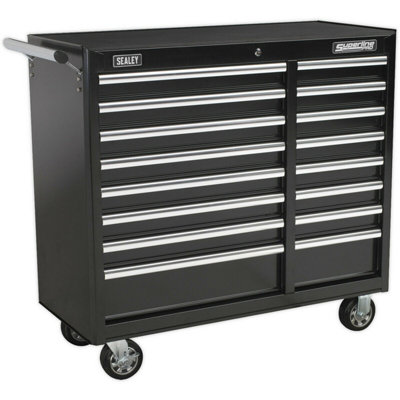 16 Drawer Black Portable Tool Chest - Lockable Mobile Storage Unit