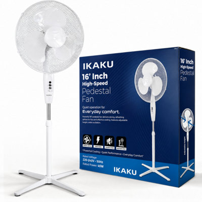 16 Inch Oscillating Pedestal Fan 3 Speed 45W Quiet Cooling Adjustable ...