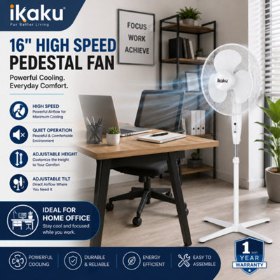 16 Inch Oscillating Pedestal Fan 3 Speed 45W Quiet Cooling Adjustable ...
