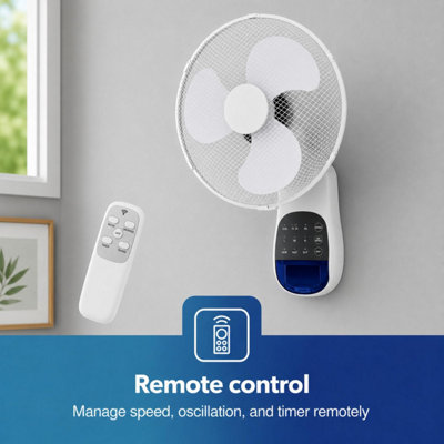 16 Inch Wall Fan Remote Control Oscillating 3 Speed 45W White