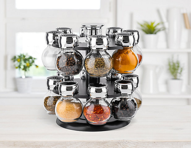 16 Jar Revolving Spice Rack with Glass Bottles Rotating for Herbs