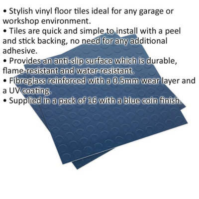 16 PACK Vinyl Floor Tile - Peel & Stick Backing - 457.2 x 457.2mm - Blue Coin