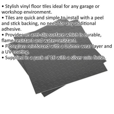 16 PACK Vinyl Floor Tile - Peel & Stick Backing - 457.2 x 457.2mm - Silver Coin