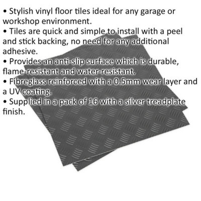 16 PACK Vinyl Floor Tile - Peel & Stick Backing - 457.2 x 457.2mm - Silver Tread