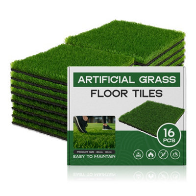 16 Pcs Artificial Grass Interlocking Deck Tiles, 30cm x 30cm Click Lock ...