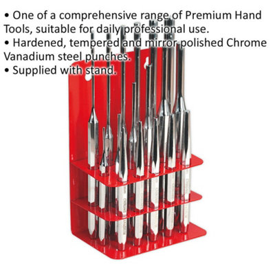 16 Piece PREMIUM Steel Punch Set - Hardened & Tempered - Polished Chrome