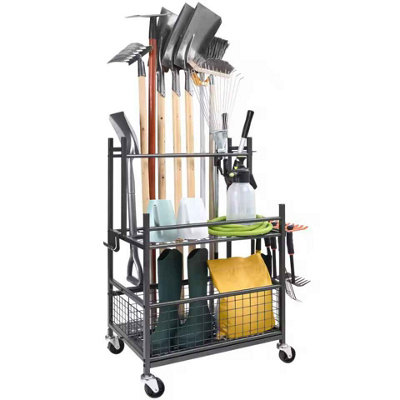 16-Slot Garden Tool Organizer Rack with Hooks & Wheels, Garage Yard Storage